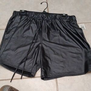 Black Leather Bike Shorts With Drawsting